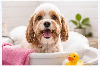 Happy dog receiving a gentle bath